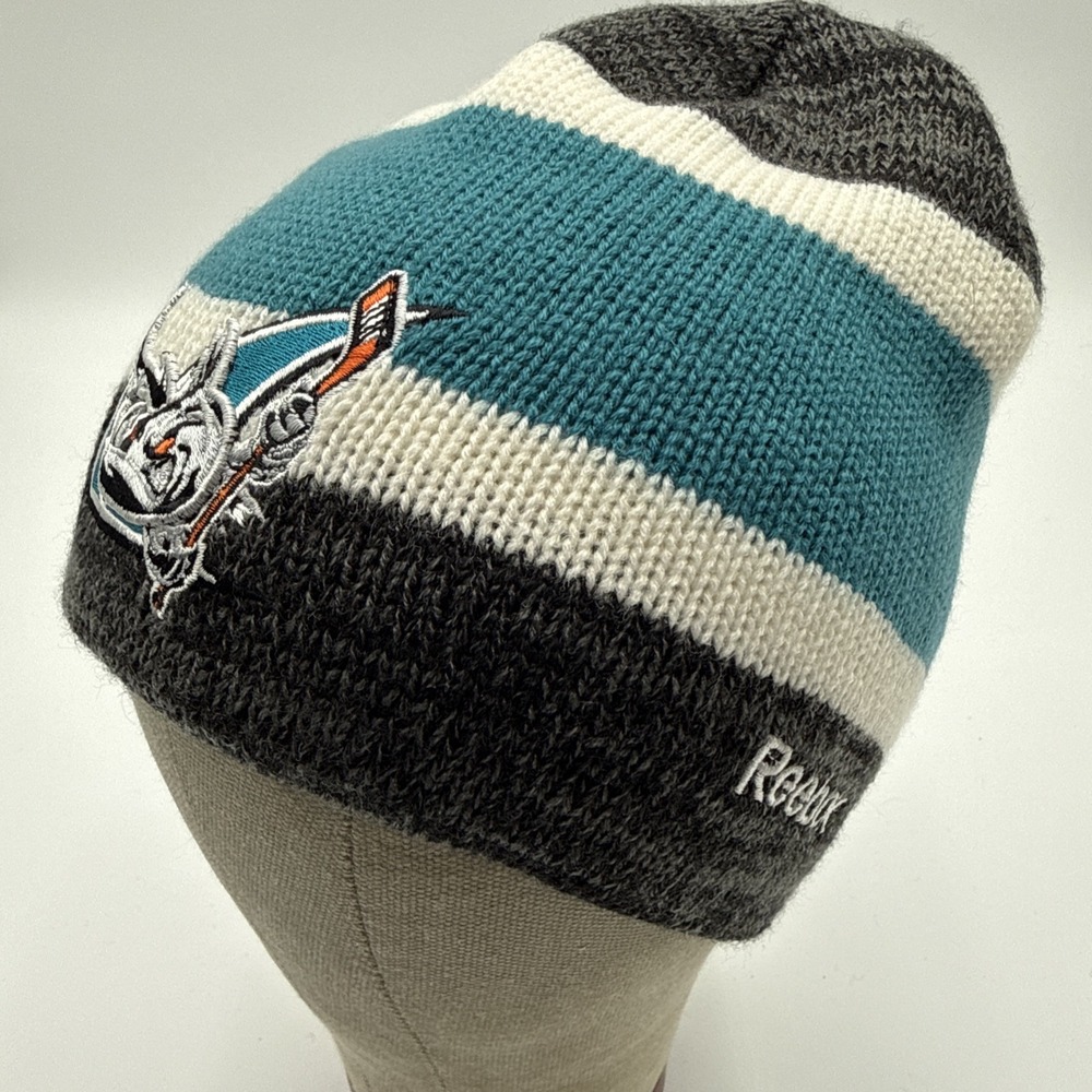 Reebok Center Ice San Jose Sharks Beanie Hat Teal Grey Stripe AHL Hockey Knit